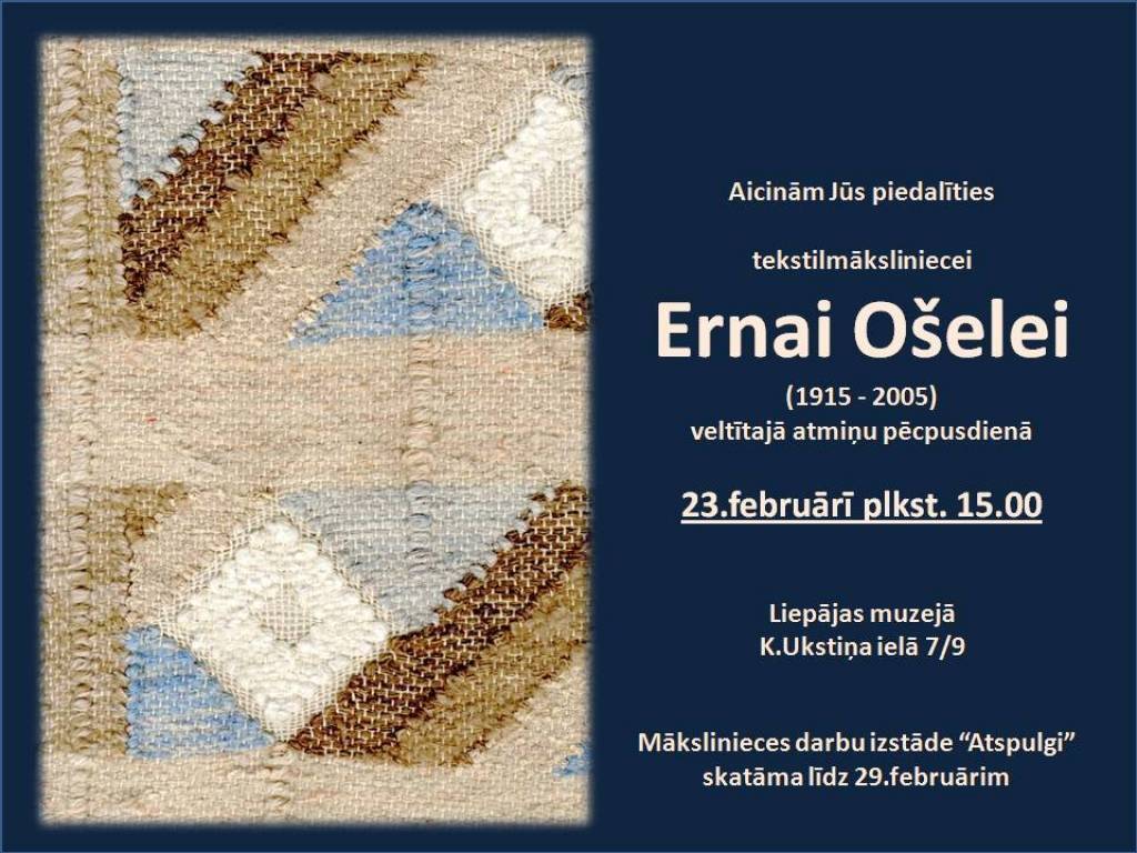 Liepājas muzejs aicina uz Ernas Ošeles atceres pēcpusdienu