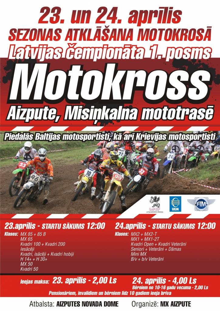 Aizputē Misiņkalna trasē tiks atklāts Latvijas čempionāts motokrosā