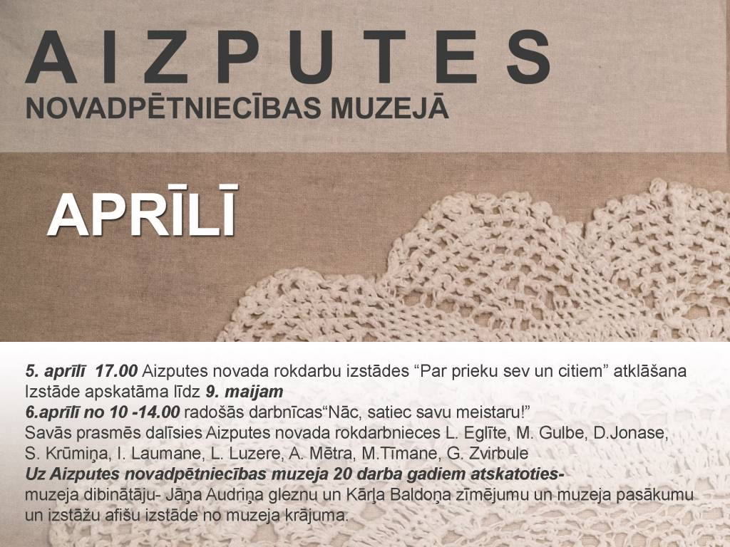 Aizputē būs rokdarbu izstāde un radošās darbnīcas