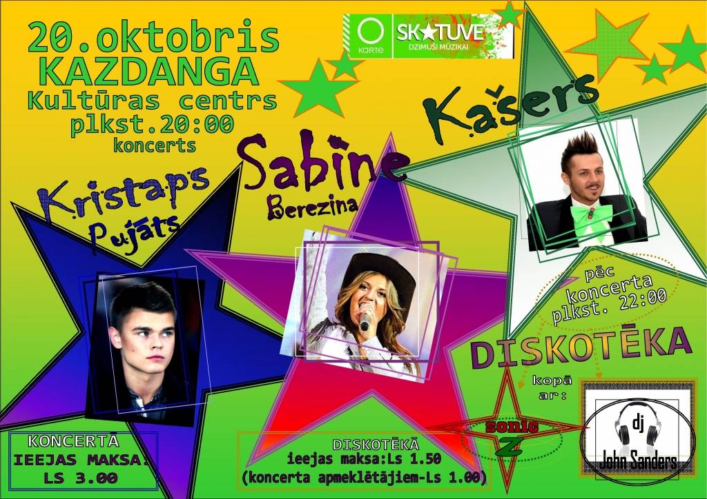 Kazdangā dziedās Kašers, Sabīne Berezina un Kristaps Pujāts