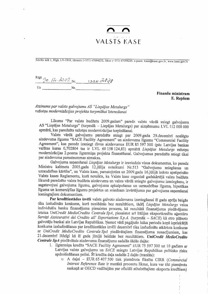 Valsts kases 2009.gada atzinums E.Repšem par LM (pilns teksts)