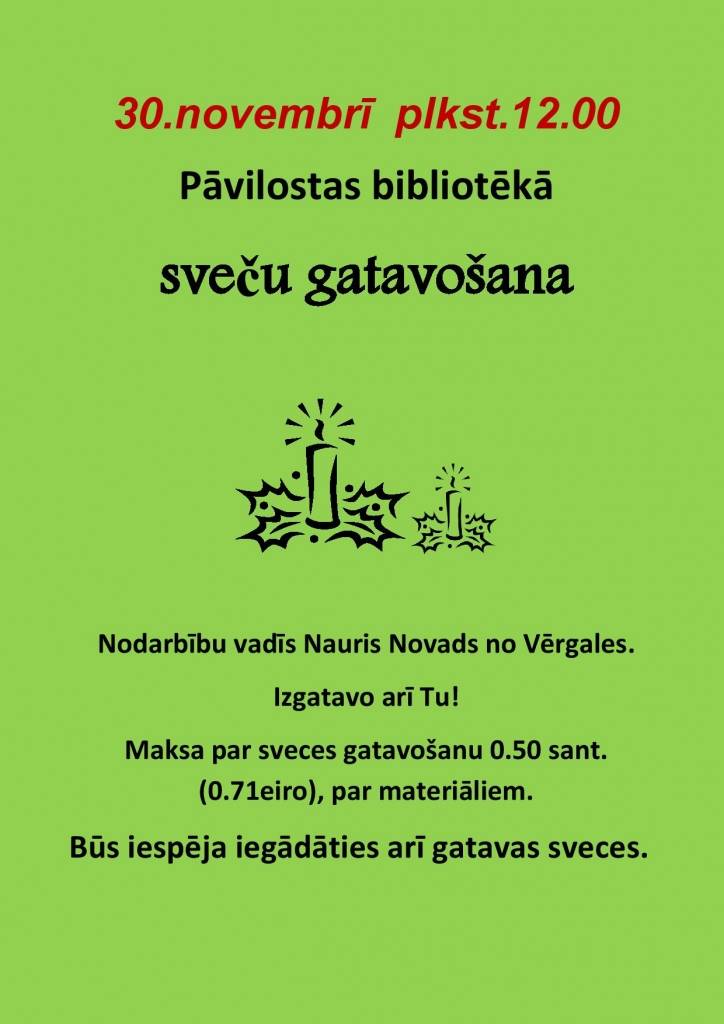 Aicina uz sveču gatavošanu Pāvilostas bibliotēkā