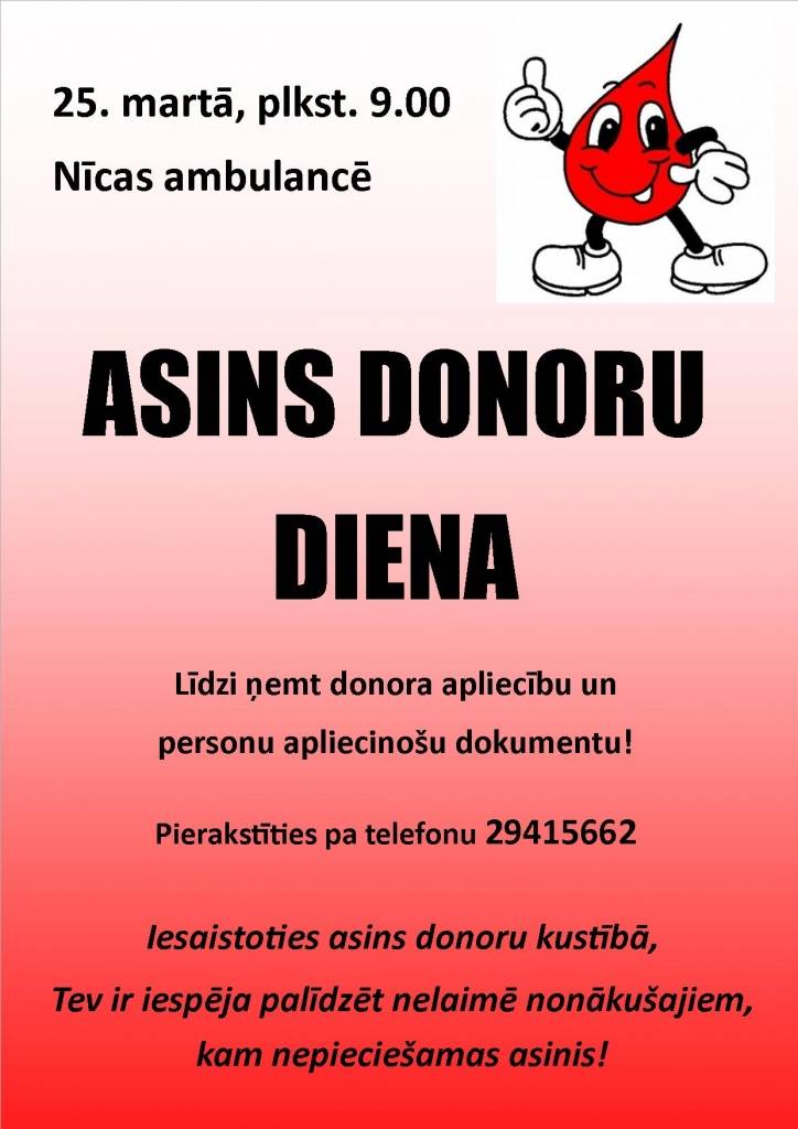 Nīcā aicina piedalīties asins donoru dienā