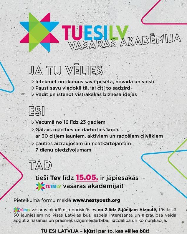 Jauniešus aicina pieteikties vasaras akadēmijai Aizputē