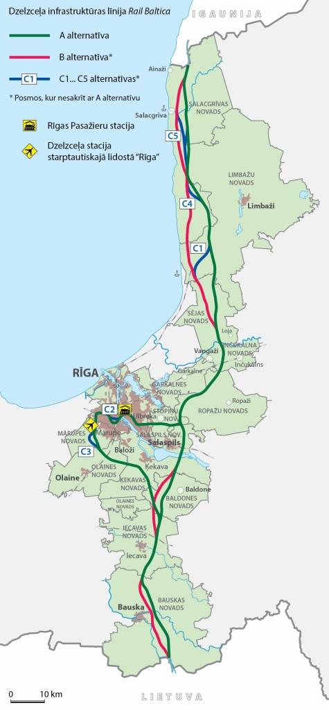 Rail Baltica trases novietojumam izveidotas 3 alternatīvas
