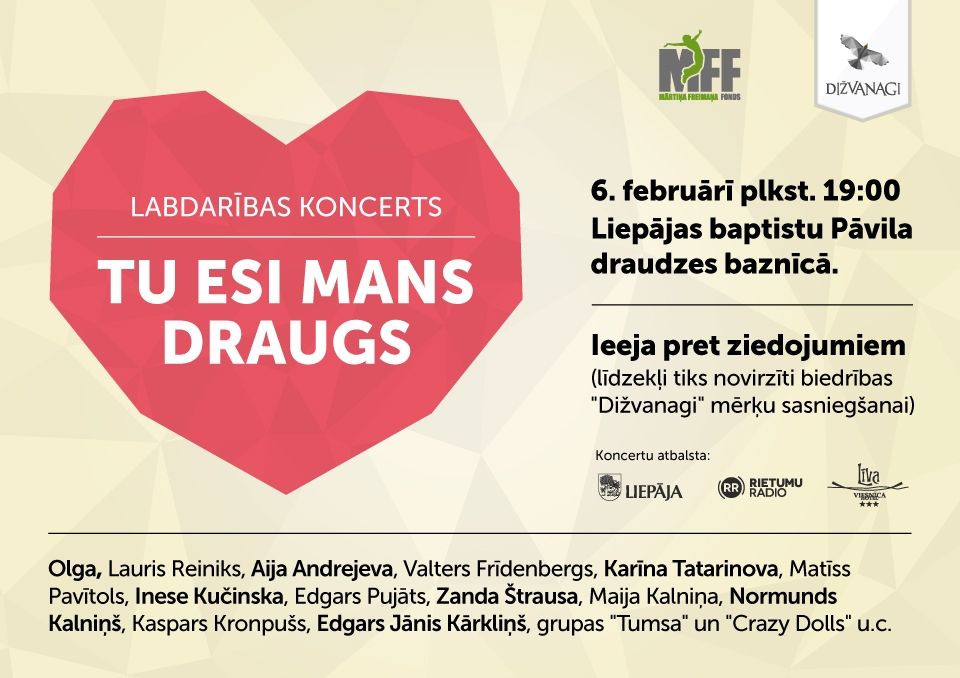 Notiks labdarības koncerts "Tu esi mans draugs"