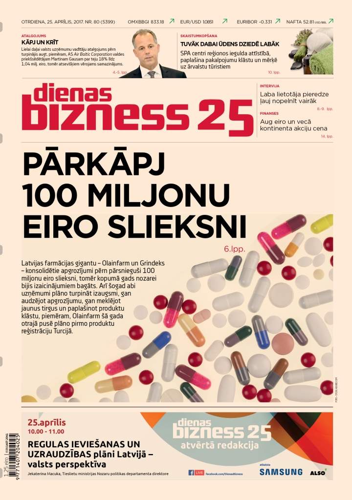 Farmācijas milži pārlec 100 miljonu eiro latiņu