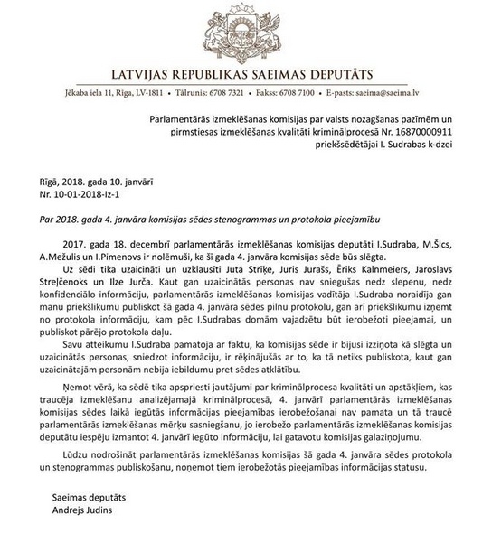 Judins prasa publiskot Sudrabas aizslepenoto sēdi