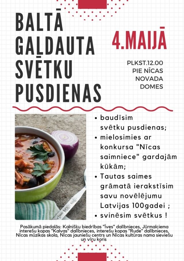 4. maijā Nīcā notiks svētku pusdienas