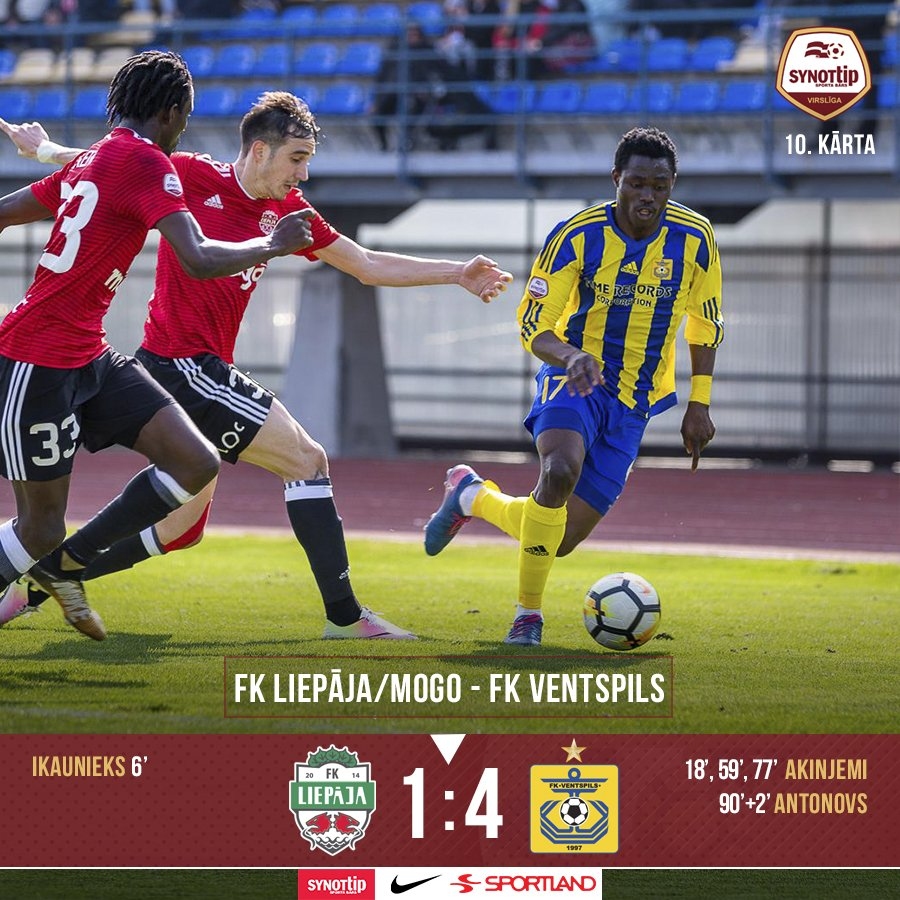 Akinjemi ar "hat-trick" Kurzemes derbijā kaldina "Ventspils" uzvaru pār "Liepāja"/"Mogo" komandu