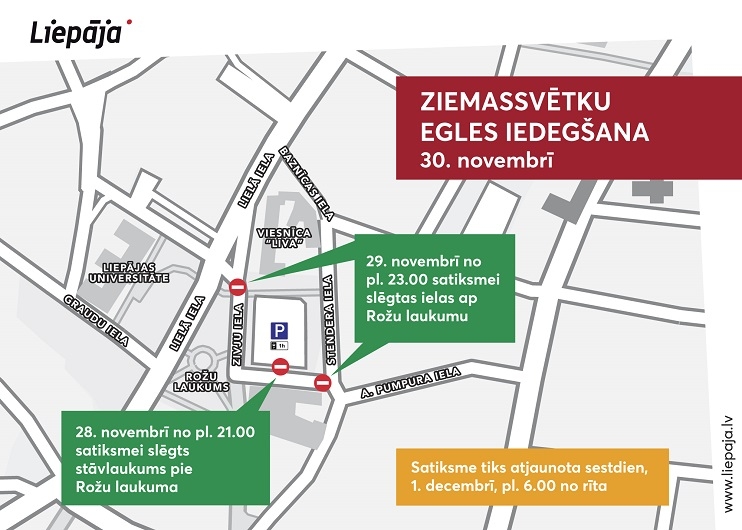 Liepājā noteikti satiksmes ierobežojumi saistībā ar pilsētas egles atklāšanas pasākumu