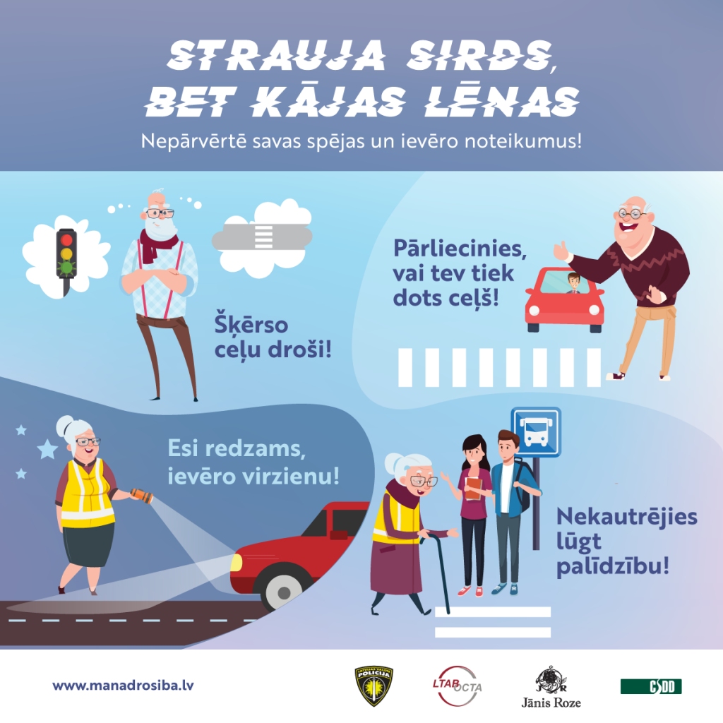 Septiņi vērtīgi padomi senioriem gājējiem drošākai dalībai ceļu satiksmē