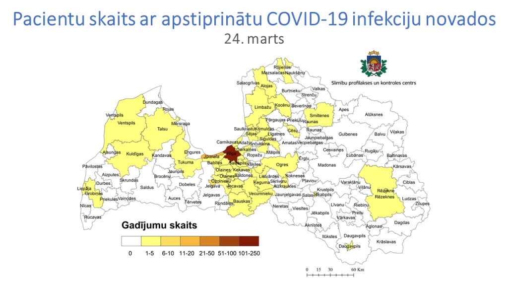 INFOGRAFIKA: Grobiņas novadā un Liepājā joprojām līdz pieciem gadījumiem: visvairāk Covid-19 inficēto Rīgā un Jūrmalā