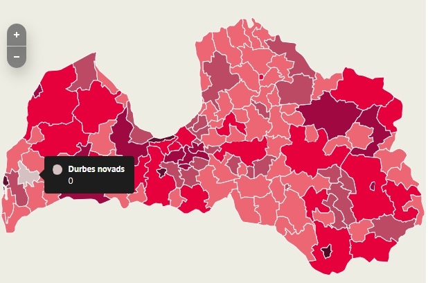 INFOGRAFIKA: Durbes novads ir vienīgais Latvijā, kur šobrīd nav Covid-19 saslimušie