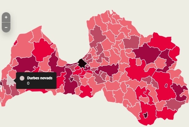 INFOGRAFIKA: Durbes novads vienīgais šobrīd Latvijā bez Covid-19 saslimušajiem