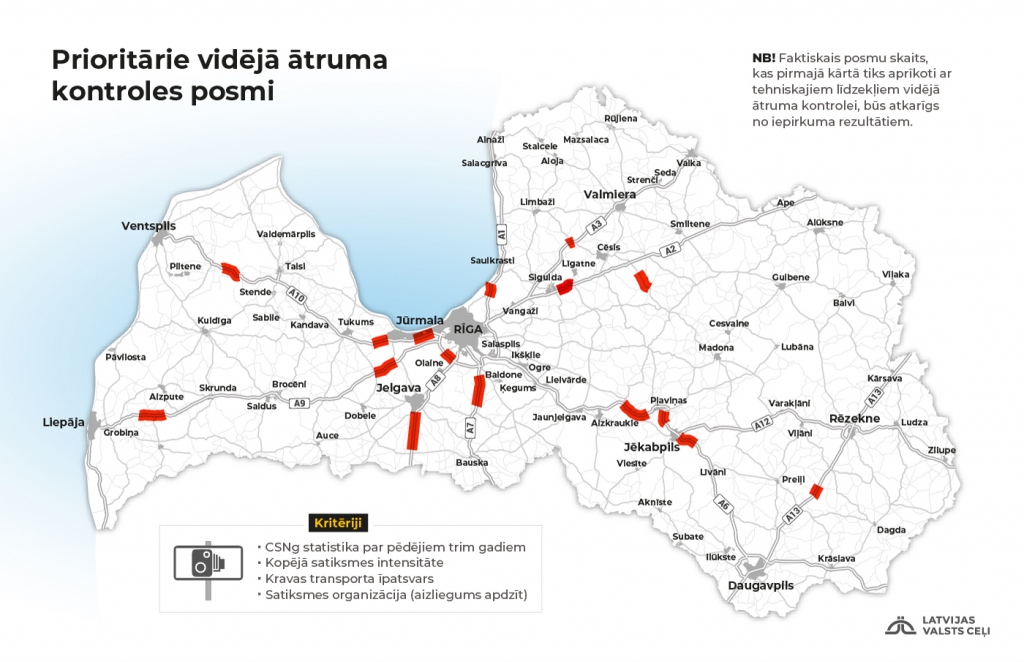 Vidējā ātruma kontroles sistēmu Latvijā varētu ieviest 16 valsts autoceļu posmos